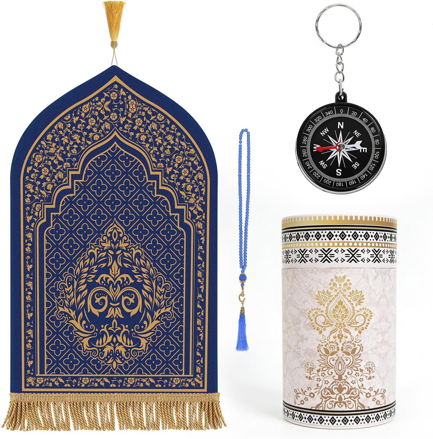 Prayer Mat Ramadan Gifts - Blue Prayer Rug Islamic Praying Tasbih Beads Compass, Muslim Praying Carpet for Men Women