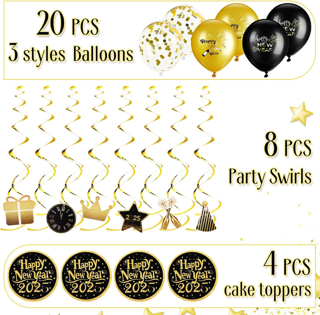 2026 New Years Eve Party Decoration Supplies Happy New Year Banner Gold and Black Hanging Swirls Balloons Cake