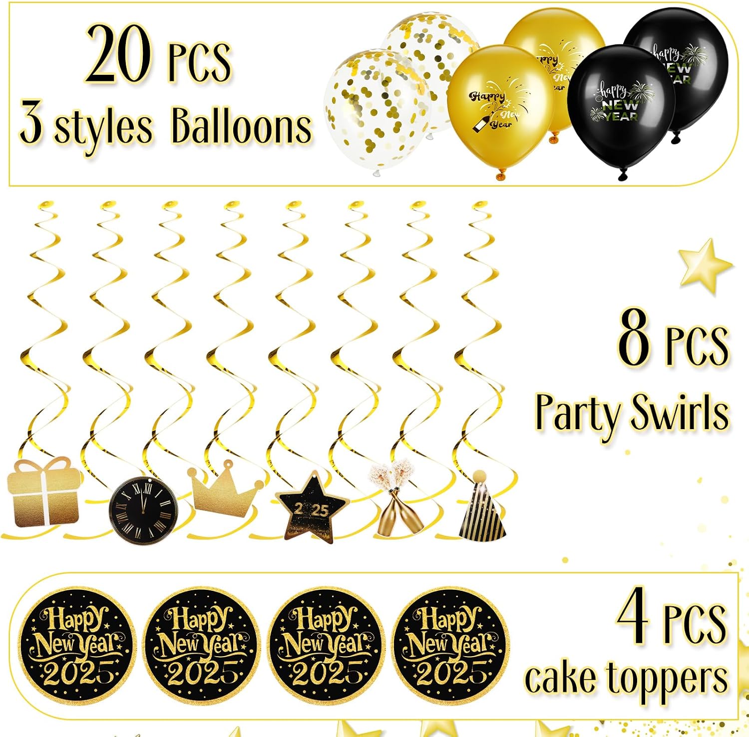 2026 New Years Eve Party Decoration Supplies Happy New Year Banner Gold and Black Hanging Swirls Balloons Cake