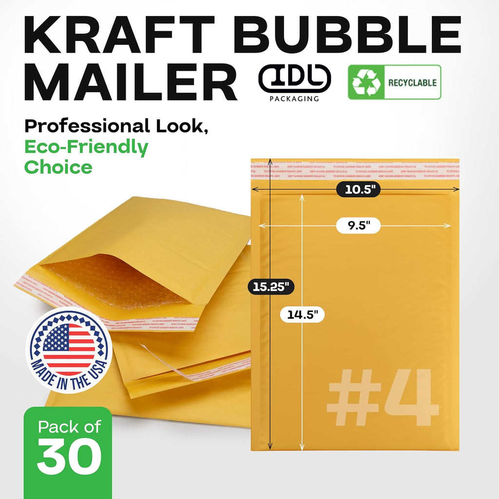 Kraft Bubble Mailers 9.5" x 14.5", Pack of 30 - USA-Made Heavy-Duty Padded Envelopes for Retail Shipping - Large