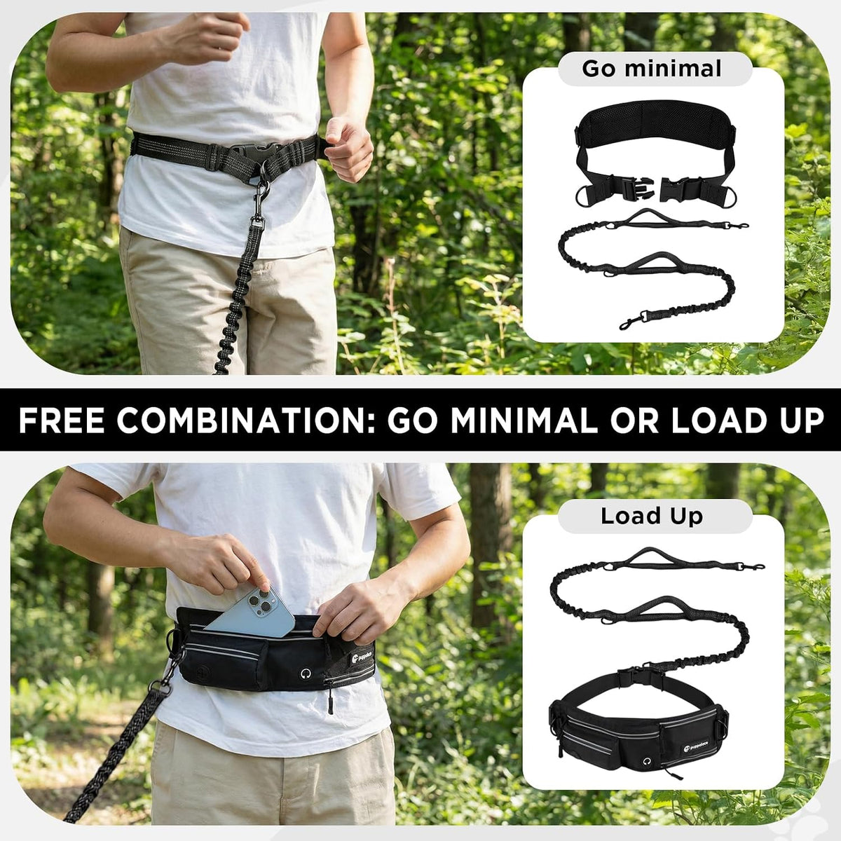 Hands Free Dog Leash with Waist Pack Bungee for Running Black