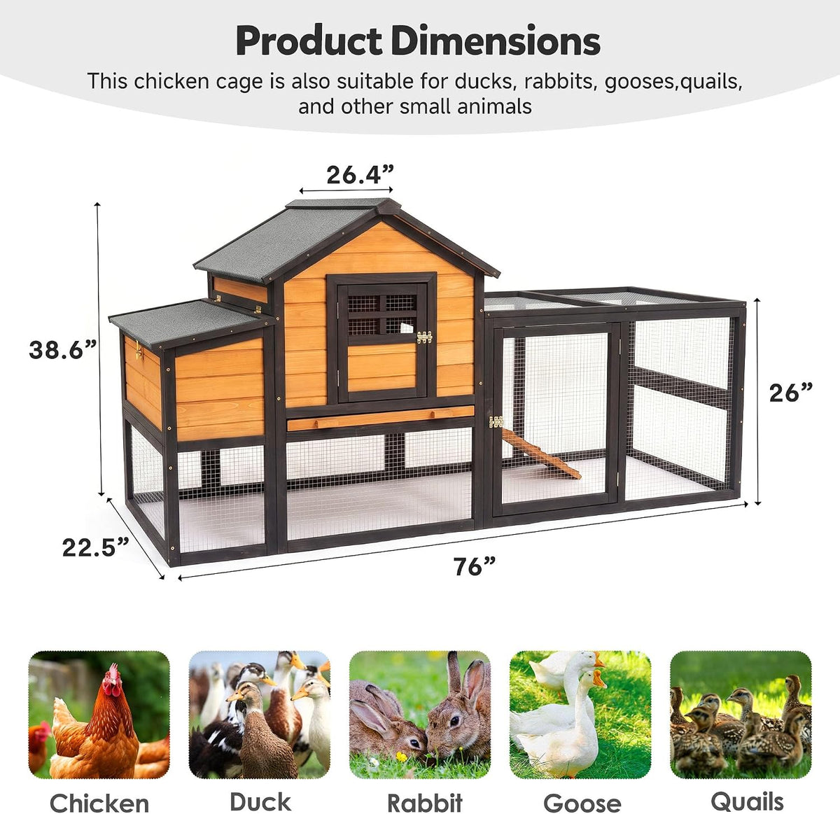 Large Chicken Coop Outdoor Wooden Duck Hen House Poultry Pet Cage 76"