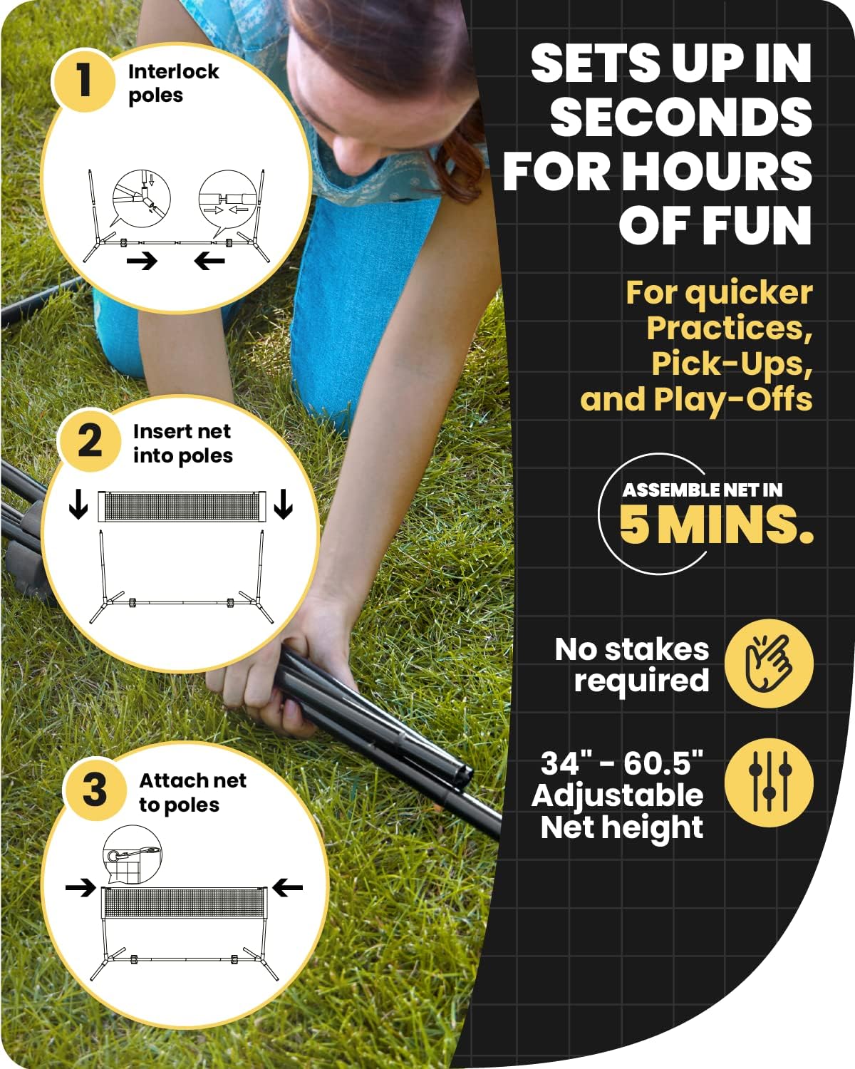 Portable Badminton Pickleball Net - Foldable/Extendable Poles for Multiple Sports Heights (UP to 5 ft) - Ideal for