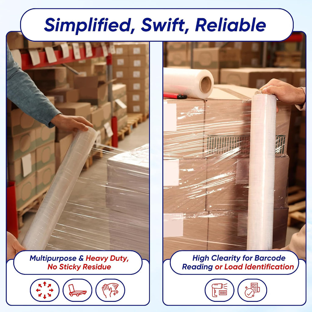 Stretch Wrap, Industrial Strength 4 Roll Clear, 18” x 1500 feet, 80 Gauge (20 Micron), Heavy Duty Plastic Shrink Film