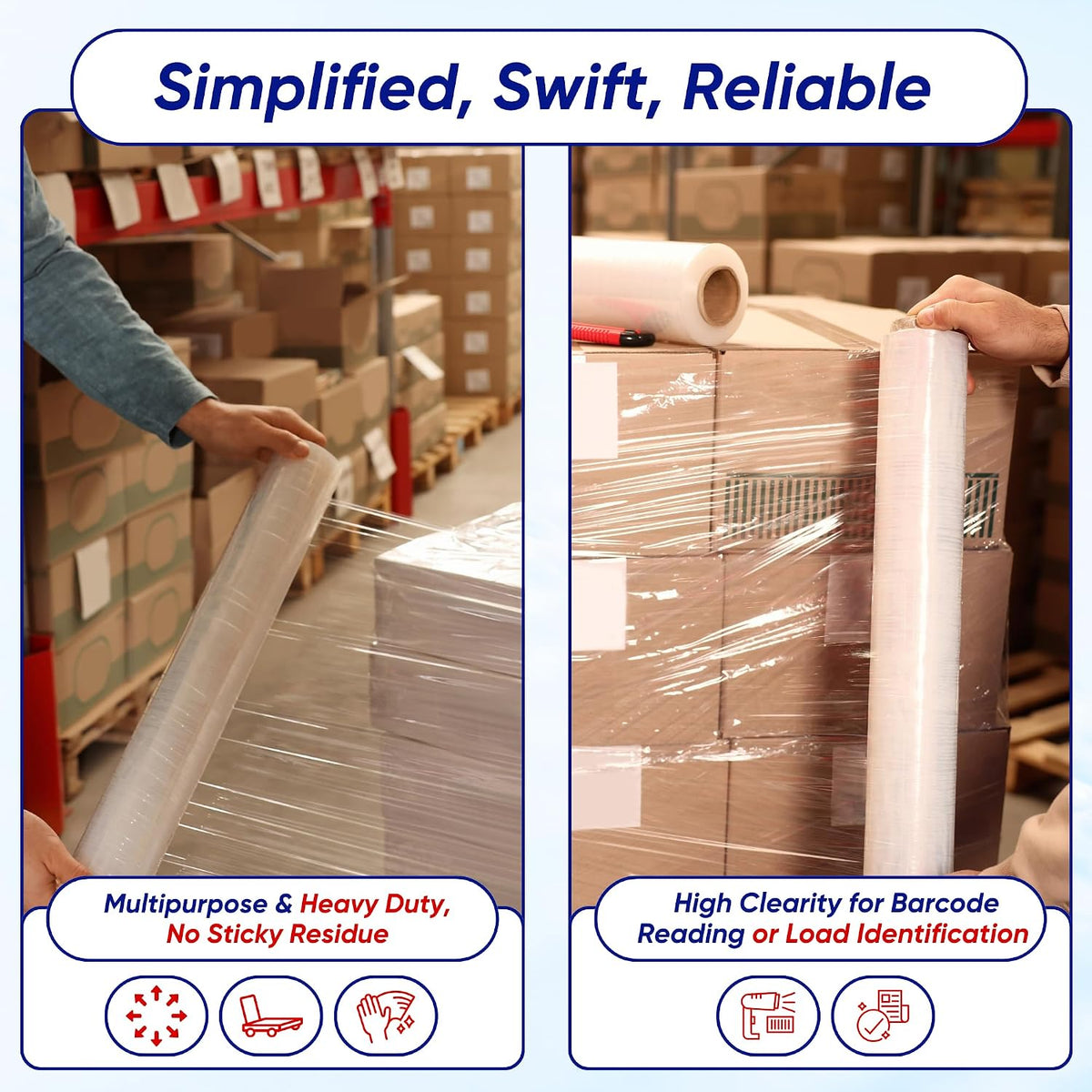 Stretch Wrap, Industrial Strength 4 Roll Clear, 18” x 1500 feet, 80 Gauge (20 Micron), Heavy Duty Plastic Shrink Film