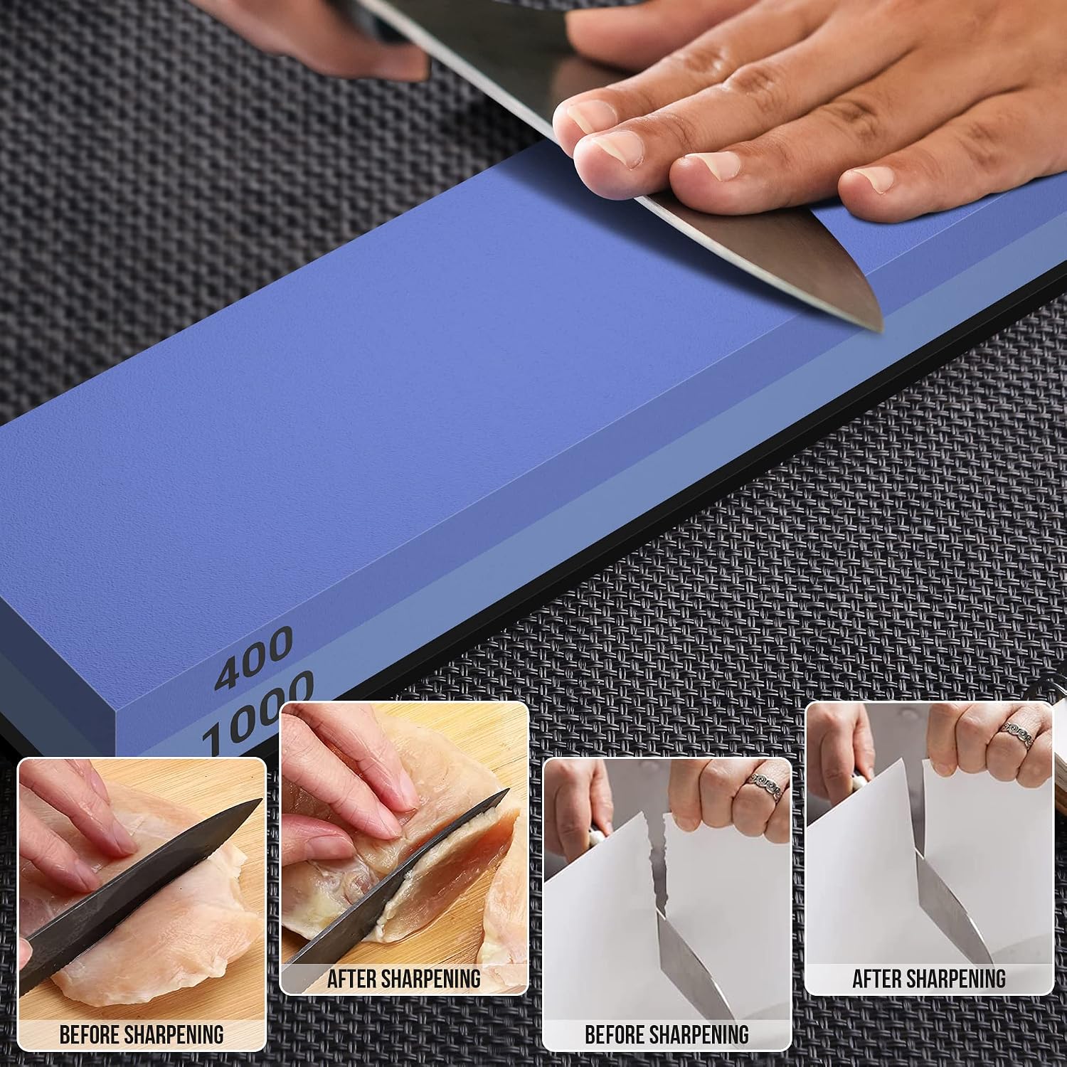 Whetstone Knife Sharpening Stone Set, Double-Sided Grit 400/1000 3000/8000 | Complete Knife Sharpener Stone Kit with
