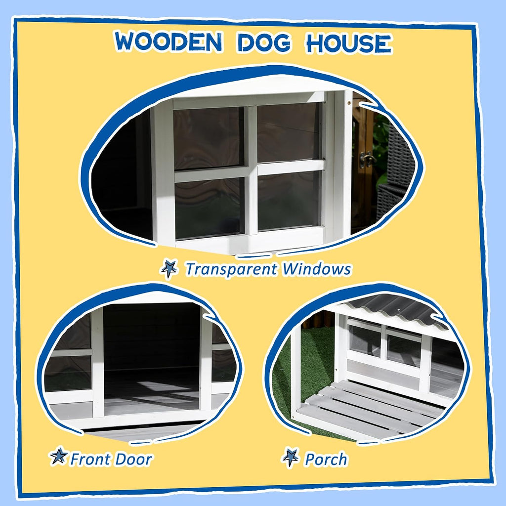 Wooden Dog House with Porch for Large Dogs, Tilt Roof, Front Door