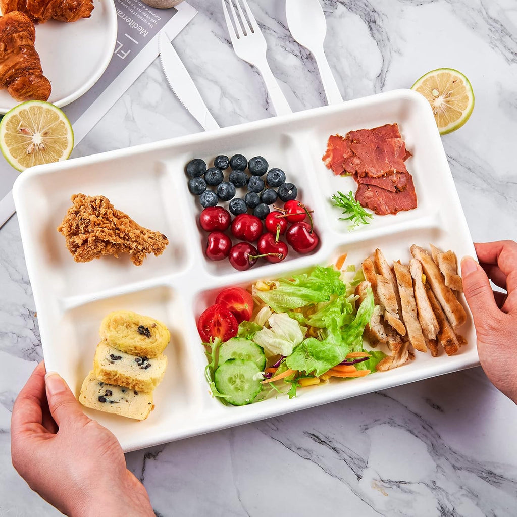 Compostable Disposable 5 Compartment Paper Plates, 12.5inch