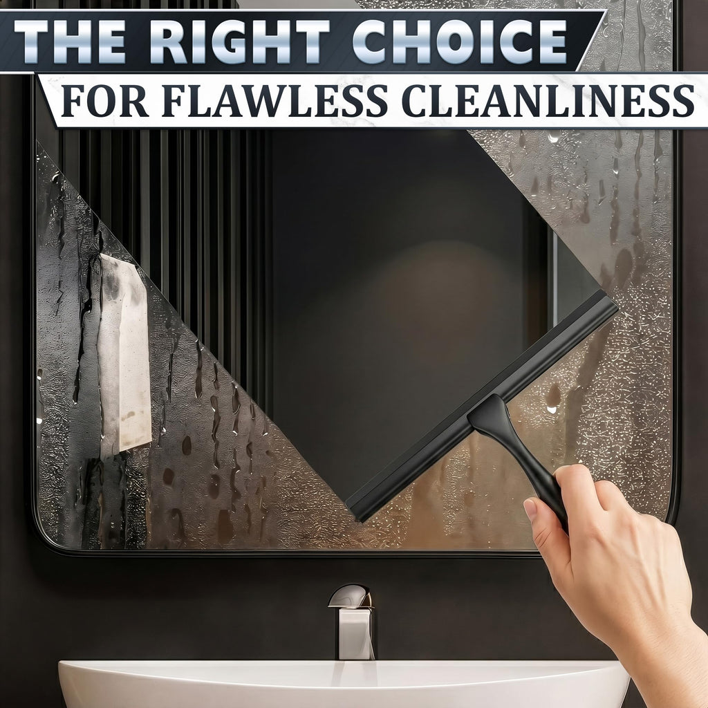 10" Shower Squeegee for Glass Doors & Windows with 2 Hooks, Black
