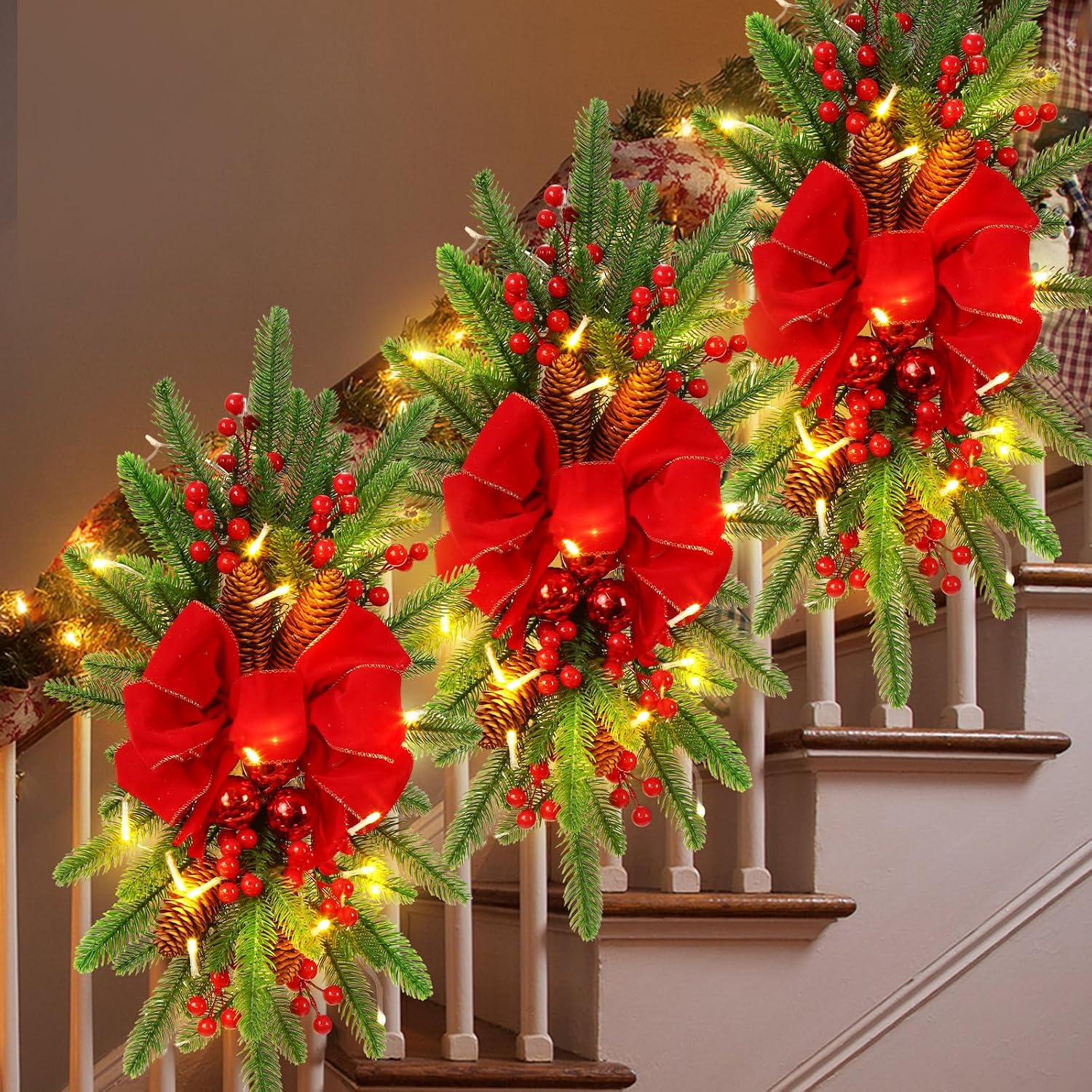 3 Pack Artificial Christmas Teardrop Swags 24" Xmas Cordless Prelit Stairway Swag Christmas Garland Stairs Rails