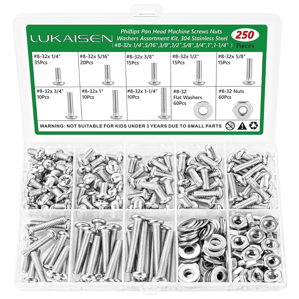 250 Pcs #8-32 Pan Head Machine Screws Nut Washer Bolt Kit,304 SS