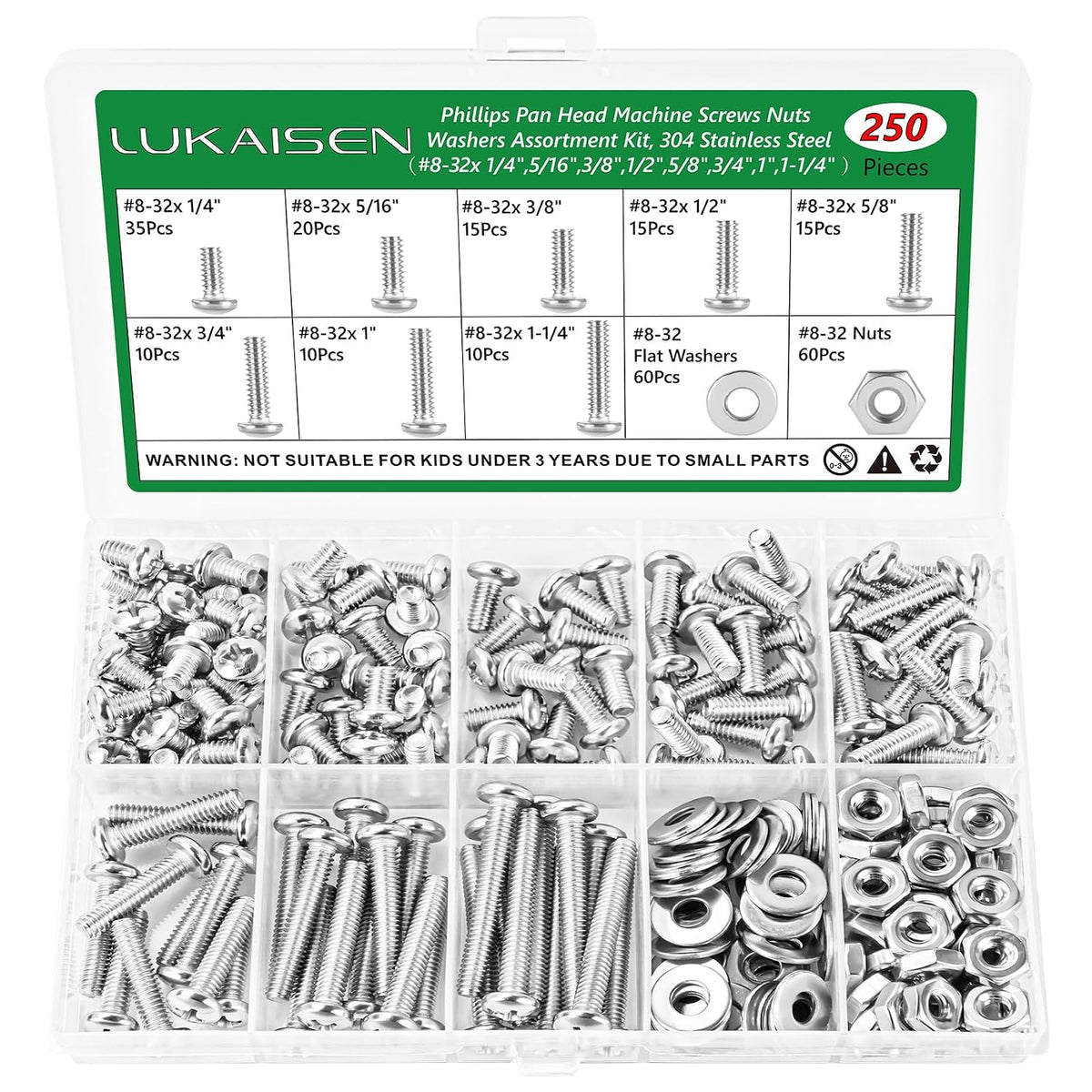 250 Pcs #8-32 Pan Head Machine Screws Nut Washer Bolt Kit,304 SS