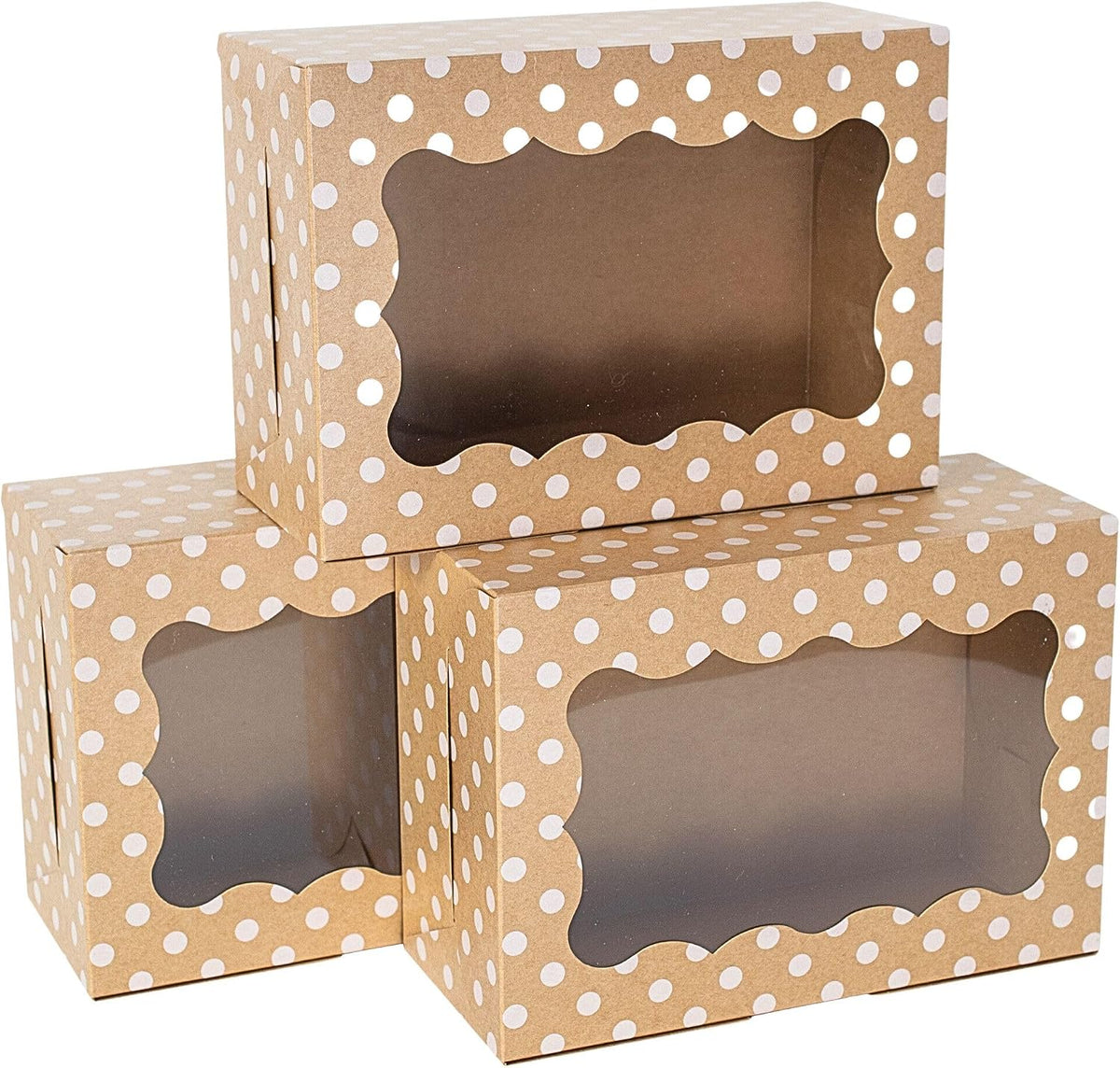 Polka Dot Cookie Boxes - 12 Pack - Brown Bakery Gift Box with Window