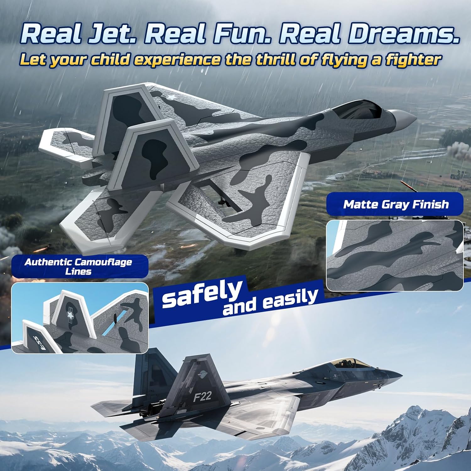 2CH F22 Raptor RC Plane wiht Lights,Remote Control Airplane Fighter Toys,2.4GHz 6-axis Gyro Stabilizer RTF Glider