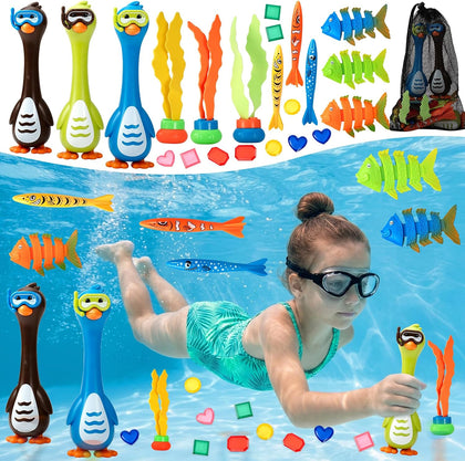 Penguin Diving Toys for Pool, Sinking Pool Diving Toys Underwater Treasure Hunt Game Set with Gems & Storage Bag