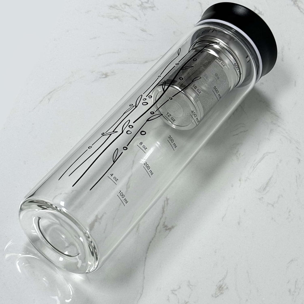 23 oz Glass Water Bottle with Tea Infuser Strainer and Black Stainless Steel Lid - Tea Infuser Bottle