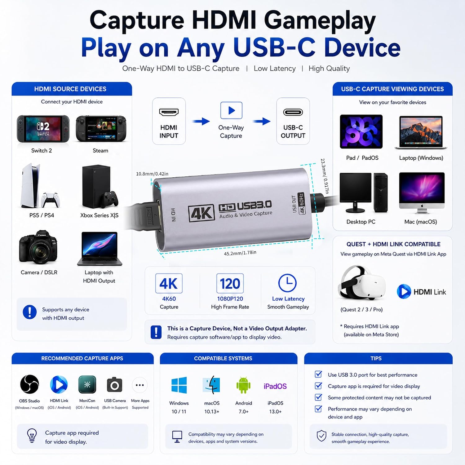 4K@60FPS Video Capture Card, 90° USBC Cable, 3.3ft USB 3.0 Capture | 2K@120FPS HDMI to USB C/A Capture Card for