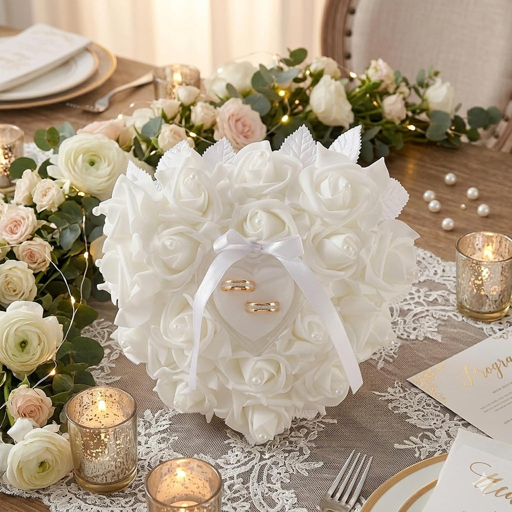 Wedding Ring Pillow White Rose Ring Bearer Pillow with Heart Ring Holder, Satin Ribbon & Pearl Foam Flowers for