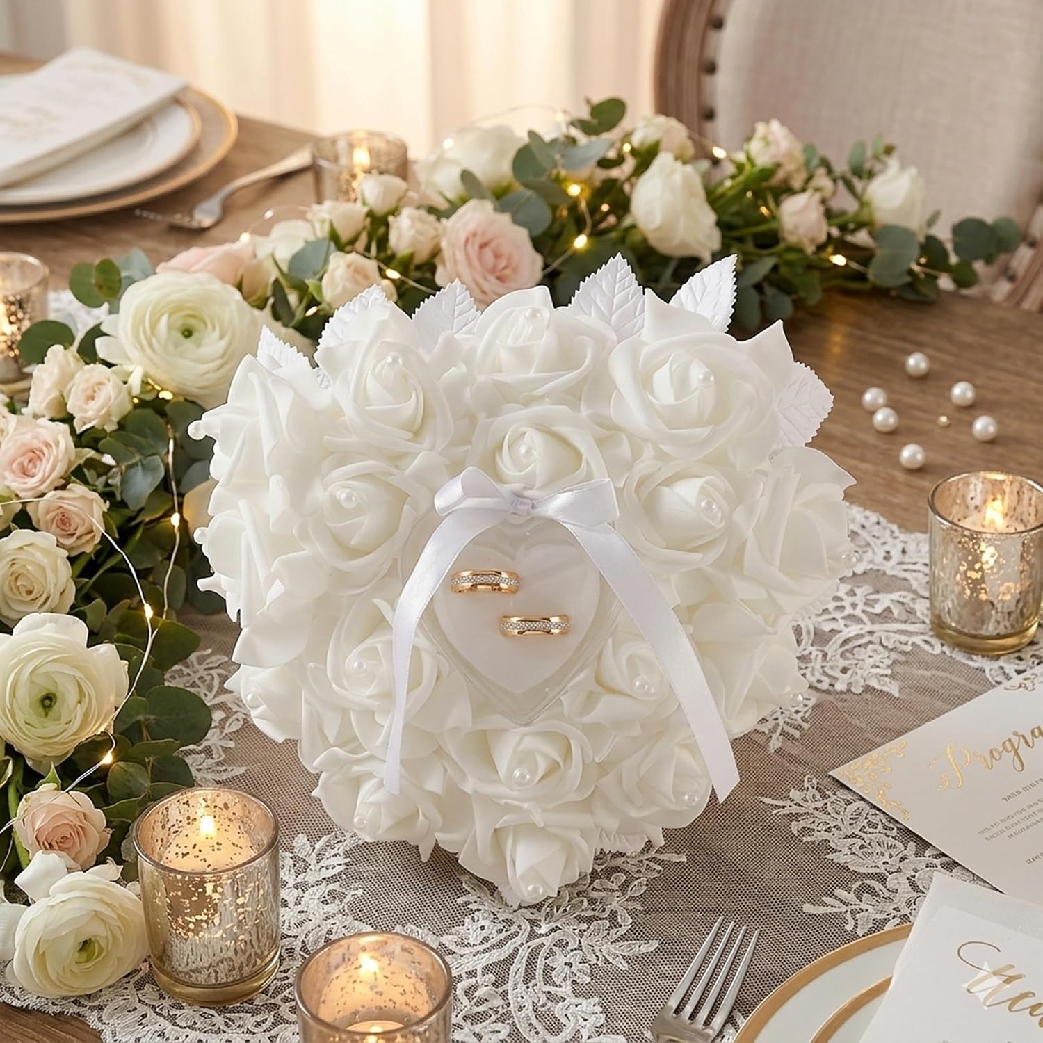 Wedding Ring Pillow White Rose Ring Bearer Pillow with Heart Ring Holder, Satin Ribbon & Pearl Foam Flowers for