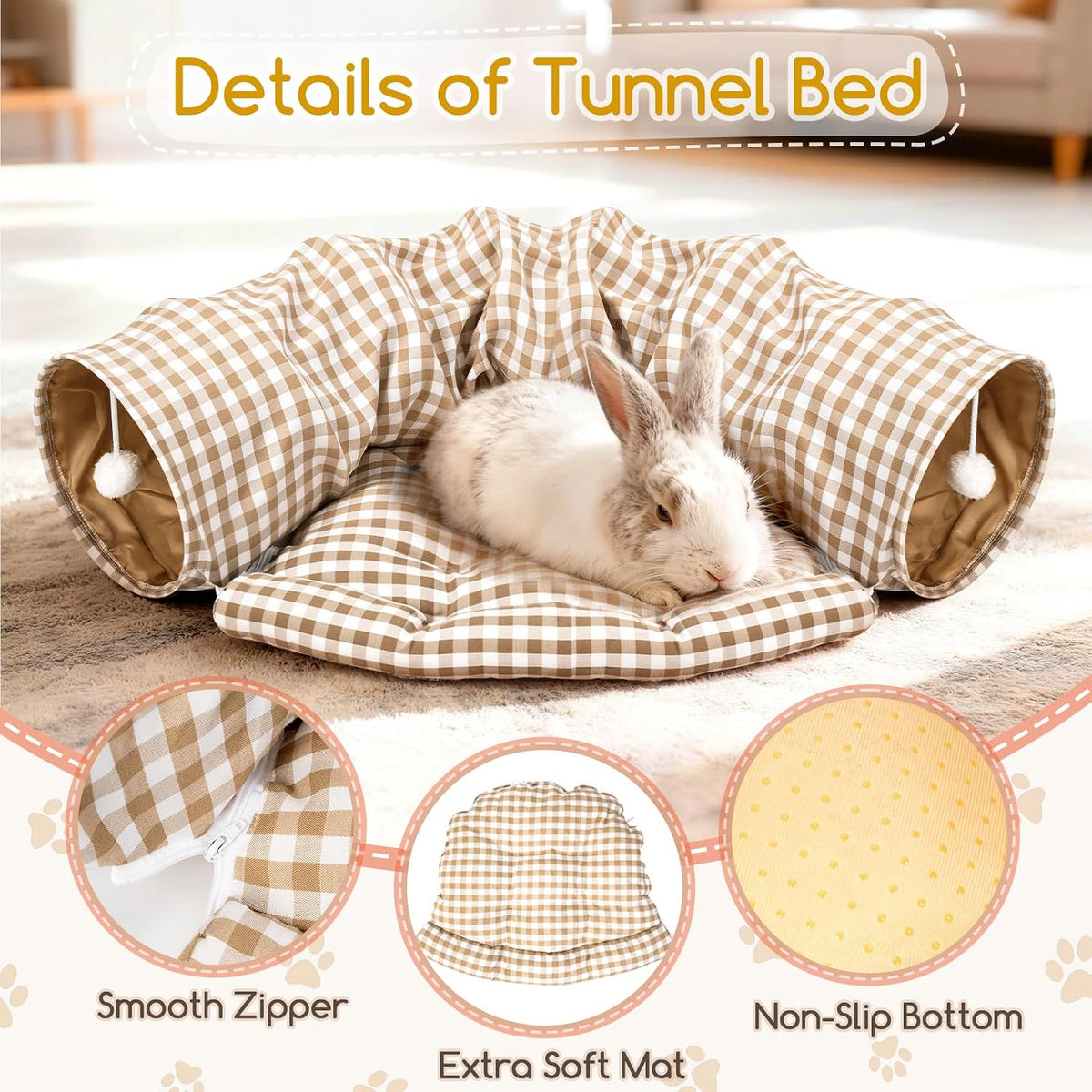 Bunny Tunnel Bed, Collapsible Tunnel Tubes with Removable Bed