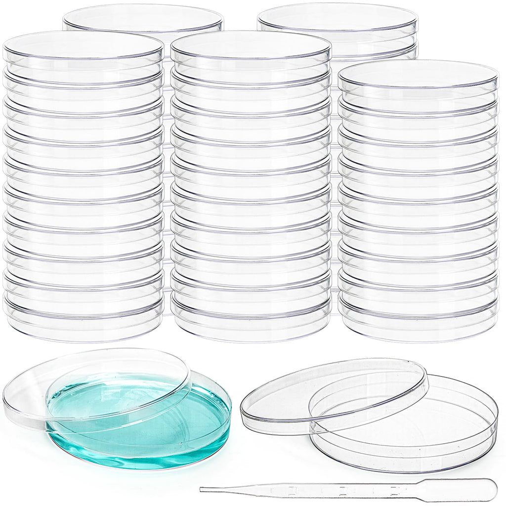 Petri Dishes with Lids, 50 Pack 90mm Dia x 15mm Deep Plastic Sterile Container, 50 Pack Plastic Transfer Pipettes(3ml)