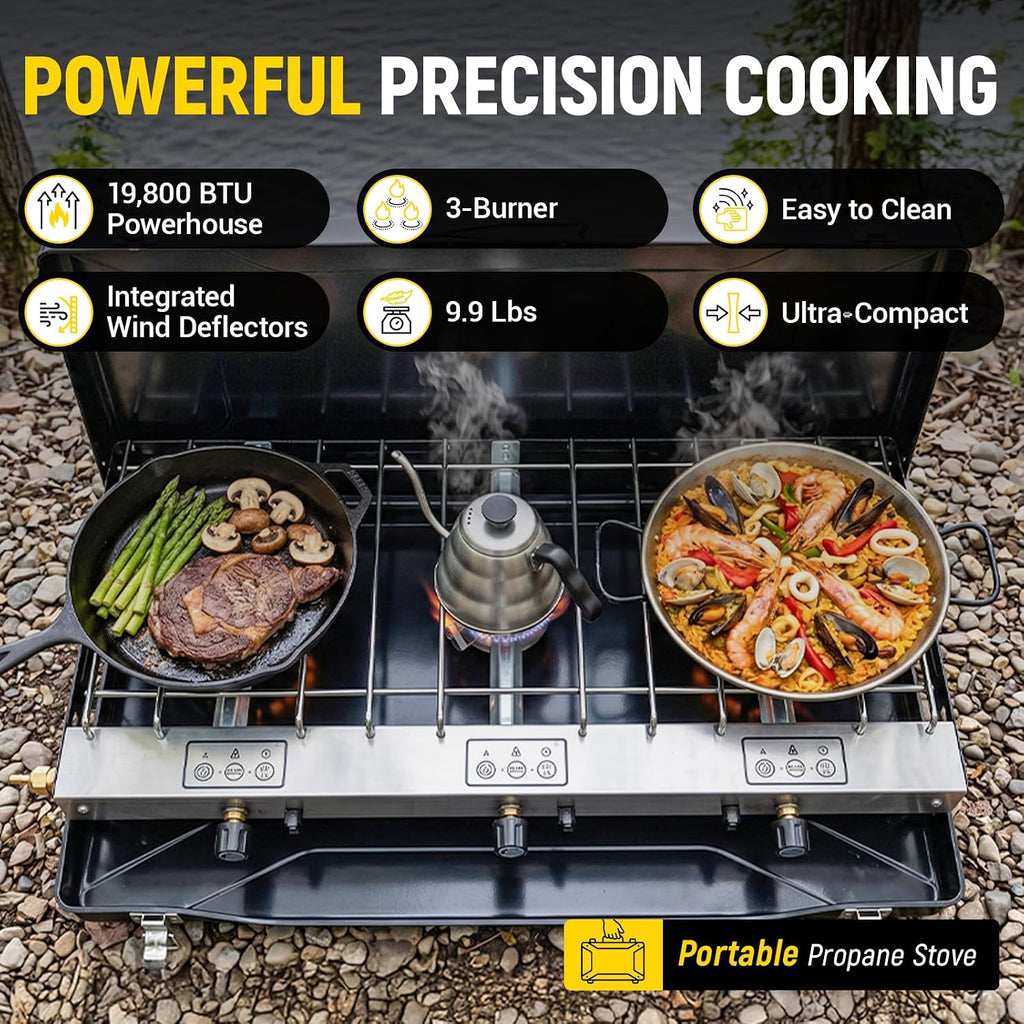 Camping Stove, Propane Portable Camp Stove, 19800BTU-3 Burners | With Regulator, Push-Button Instant Ignition