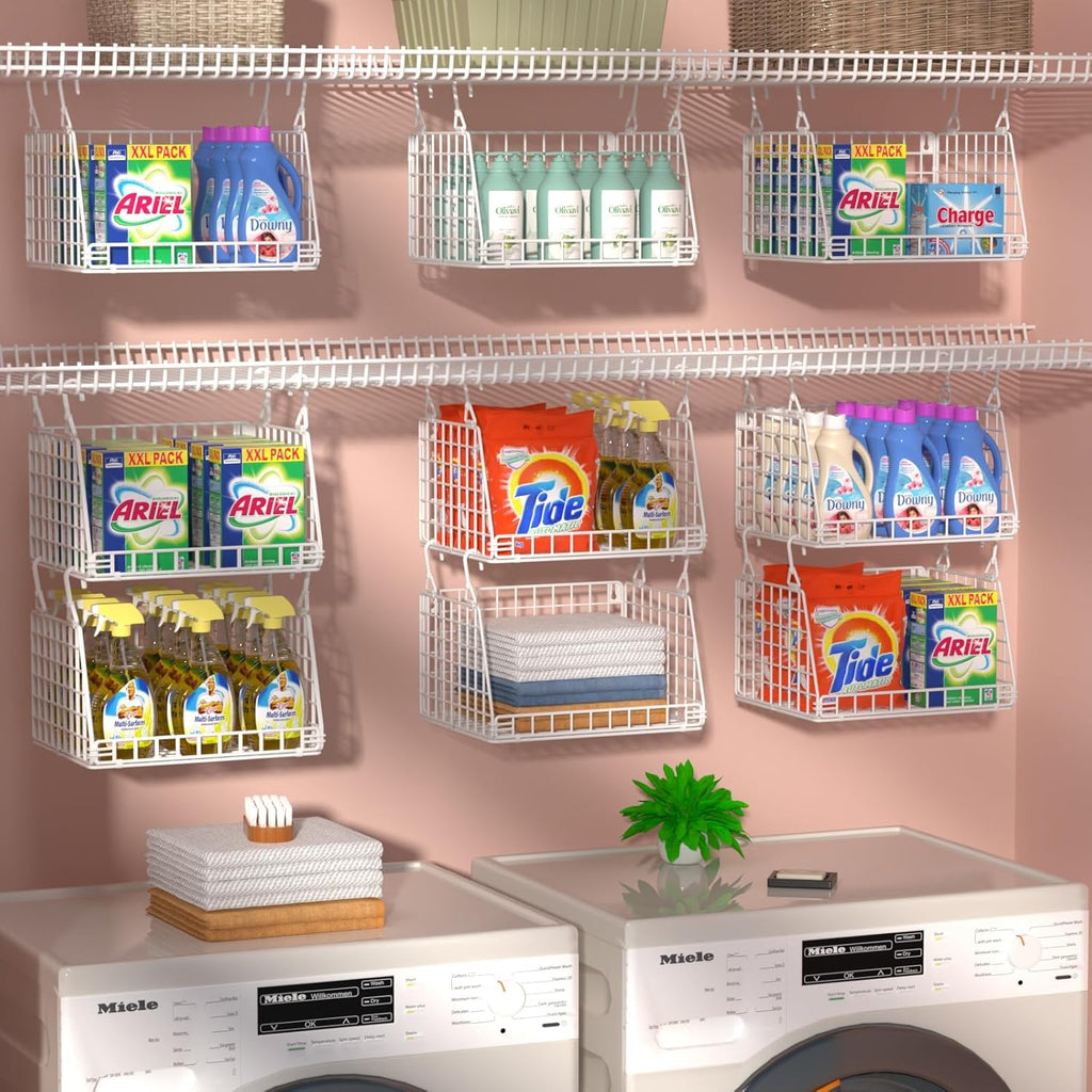 3-Pack Laundry Room Organization and Storage, Hanging Wire Basket for Laundry with 360°Rotating Hooks, Over Washer
