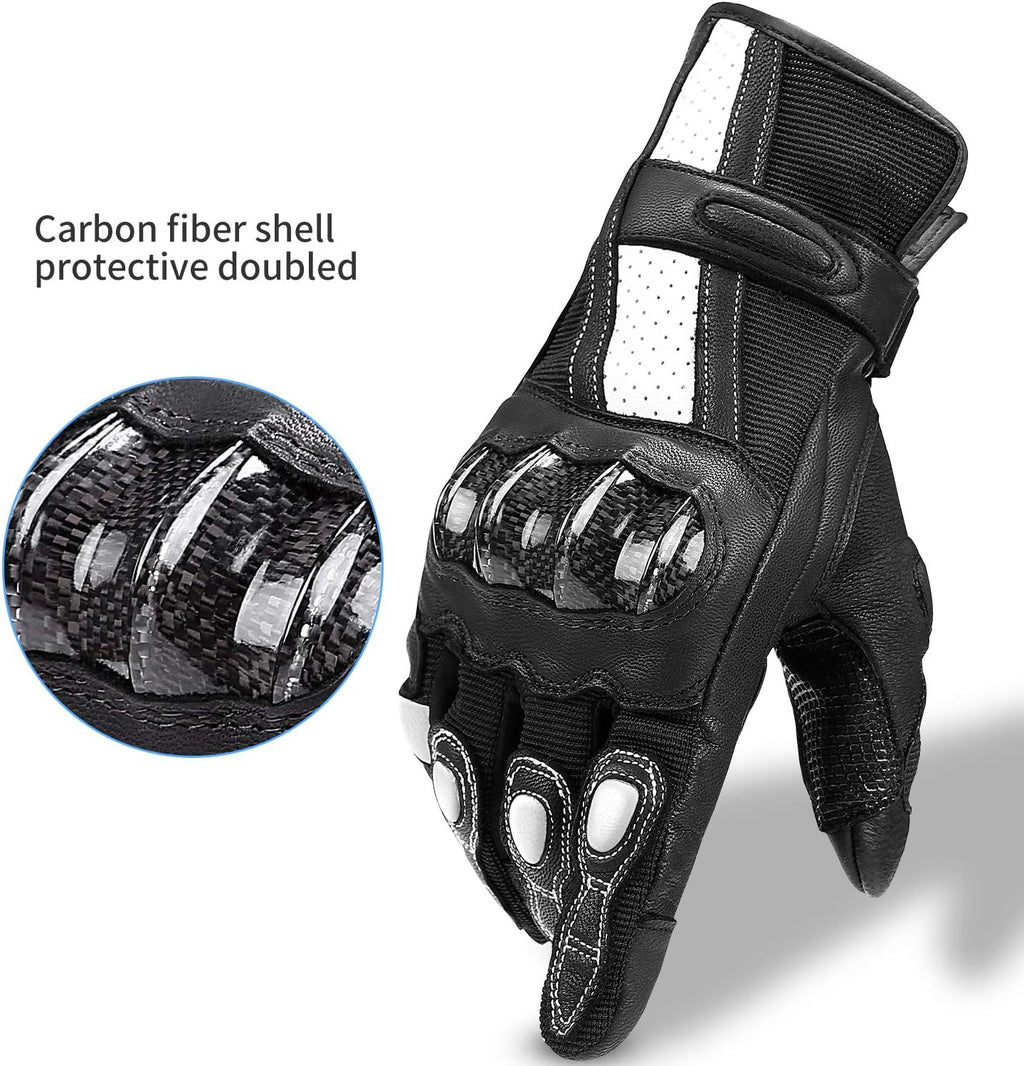 Leather Motorcycle Gloves with Carbon Fiber Hard Knuckle Touch Screen for Women Black Medium