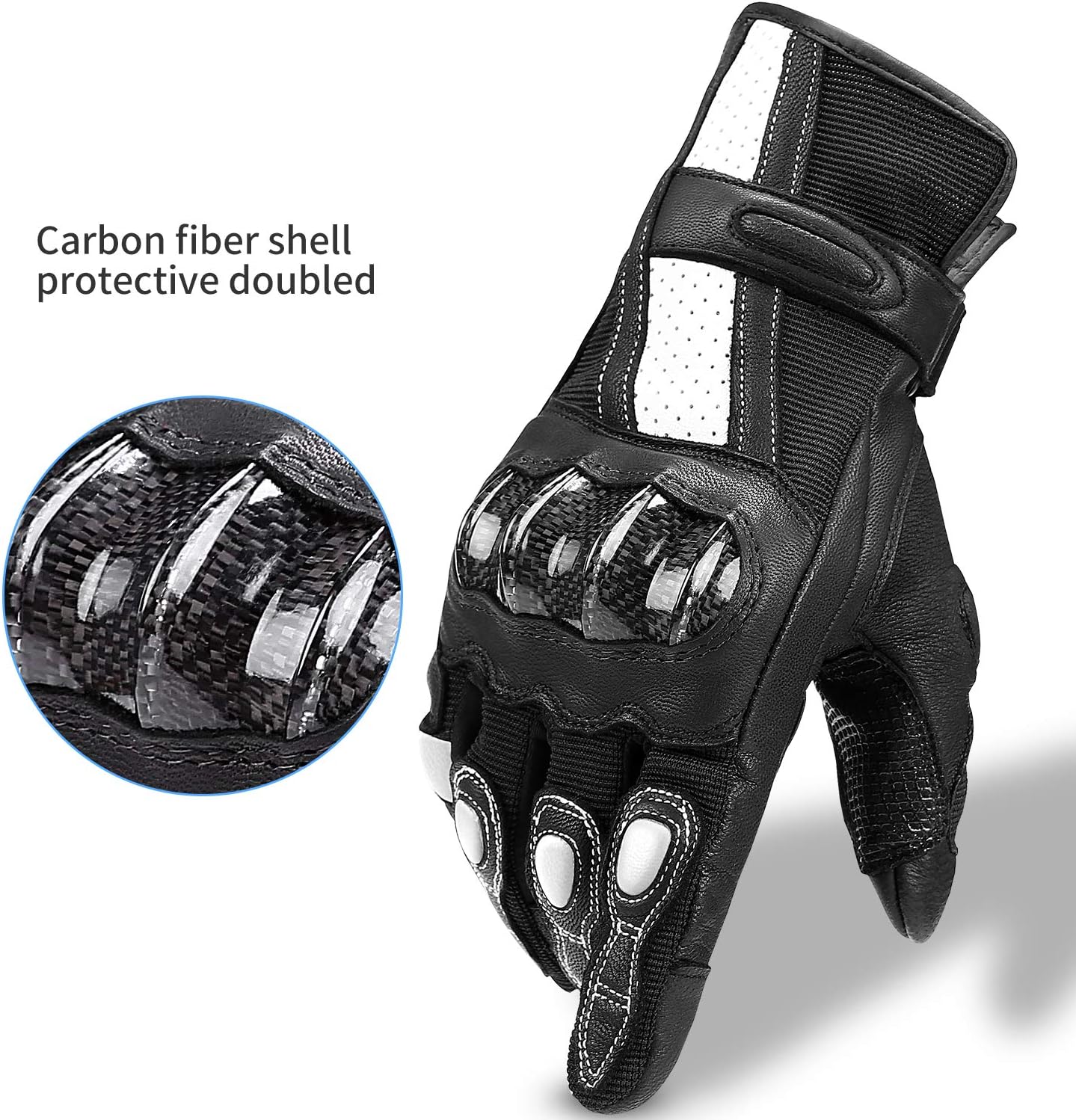 Leather Motorcycle Gloves with Carbon Fiber Hard Knuckle Touch Screen for Women Black Medium