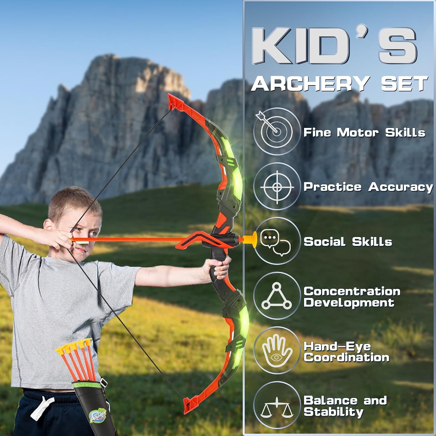 Archery Toy Set for Kids, LED Light Up Bow and Arrow Set with 10 Suction Cup Arrows, Standing Target & Quiver, Indoor