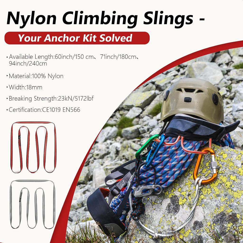 18mm Nylon Climbing Sling Runner, 23KN CE2008/EN566 Certified | Durable Nylon Webbing Straps for Rock Climbing