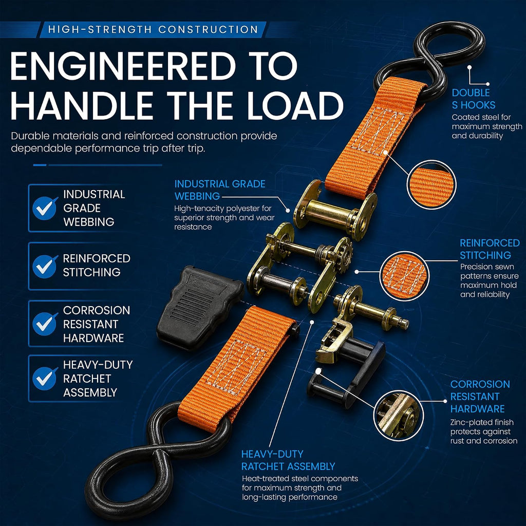 Heavy Duty Ratchet Strap, 1500 Lbs & High Strength Truck Straps (4-Pack) | Corrosion-resistant & Easy to Store