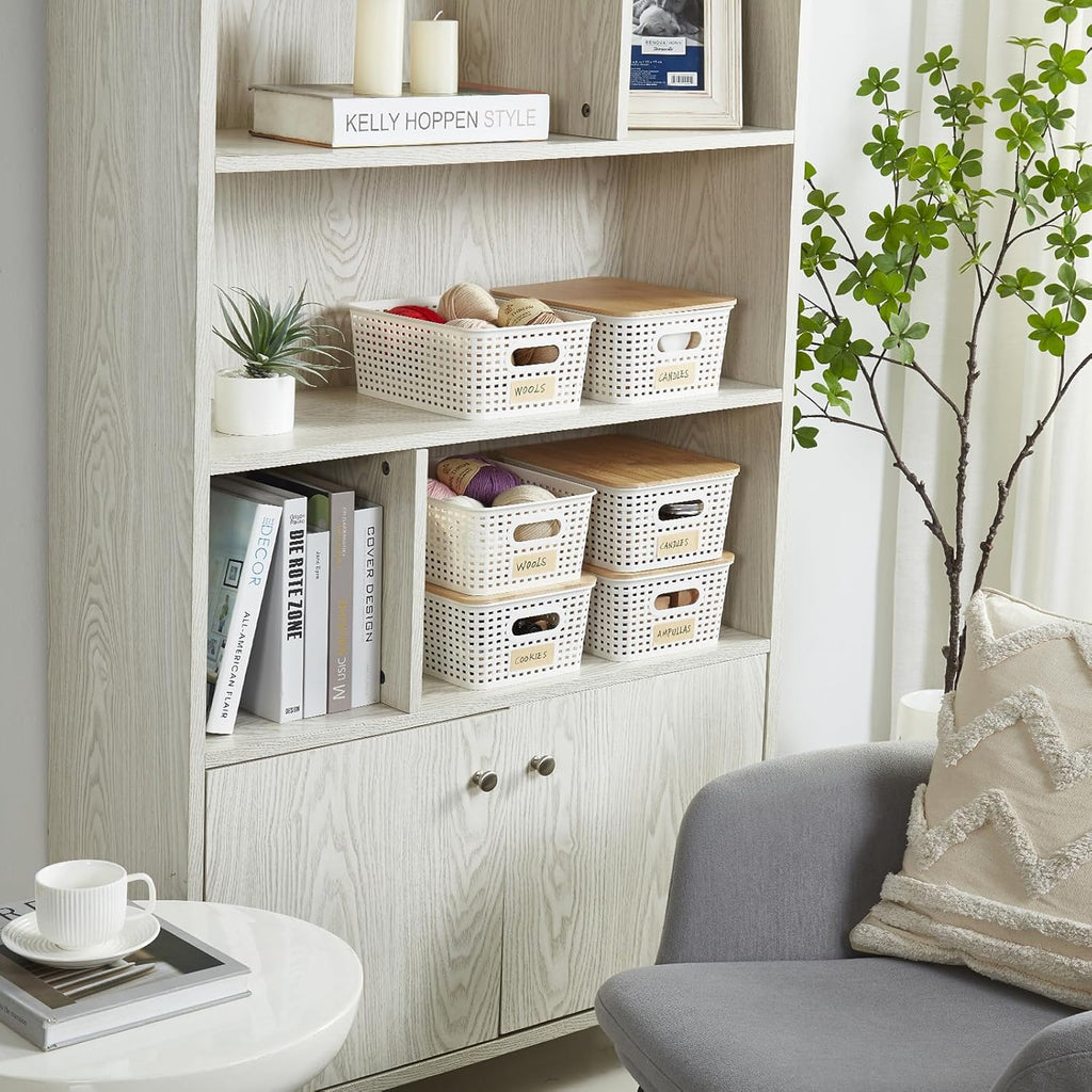 Small Plastic Storage Bins with Bamboo Lids 5.2qt Stackable Box Basket Pantry Decorative Containers Cute with Labels