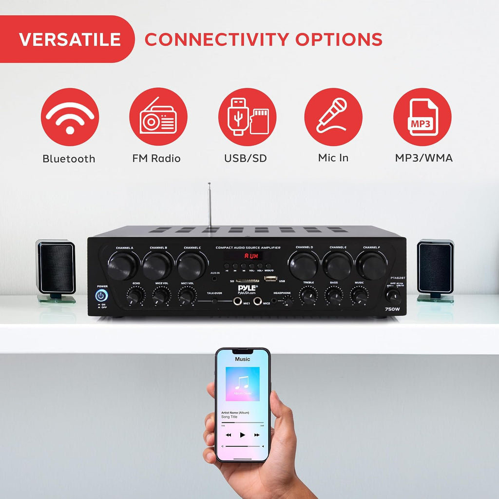 Wireless Bluetooth Karaoke Amplifier - 6 Channel 750W Power, Stereo Receiver Home Audio Amplifier w/USB,AUX