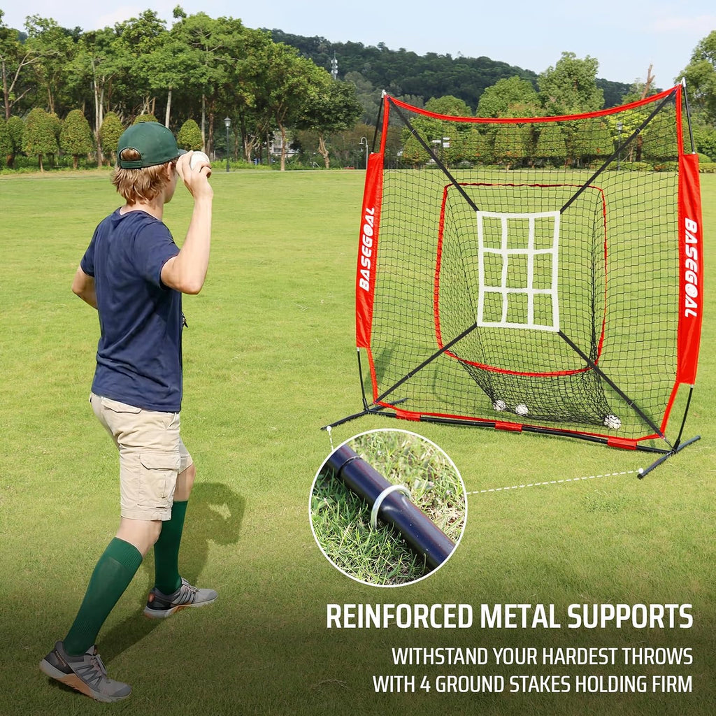 7x7ft Baseball Practice Net with Batting Tee and Strike Zone | Baseball backstop net with 7-strand knotless durable