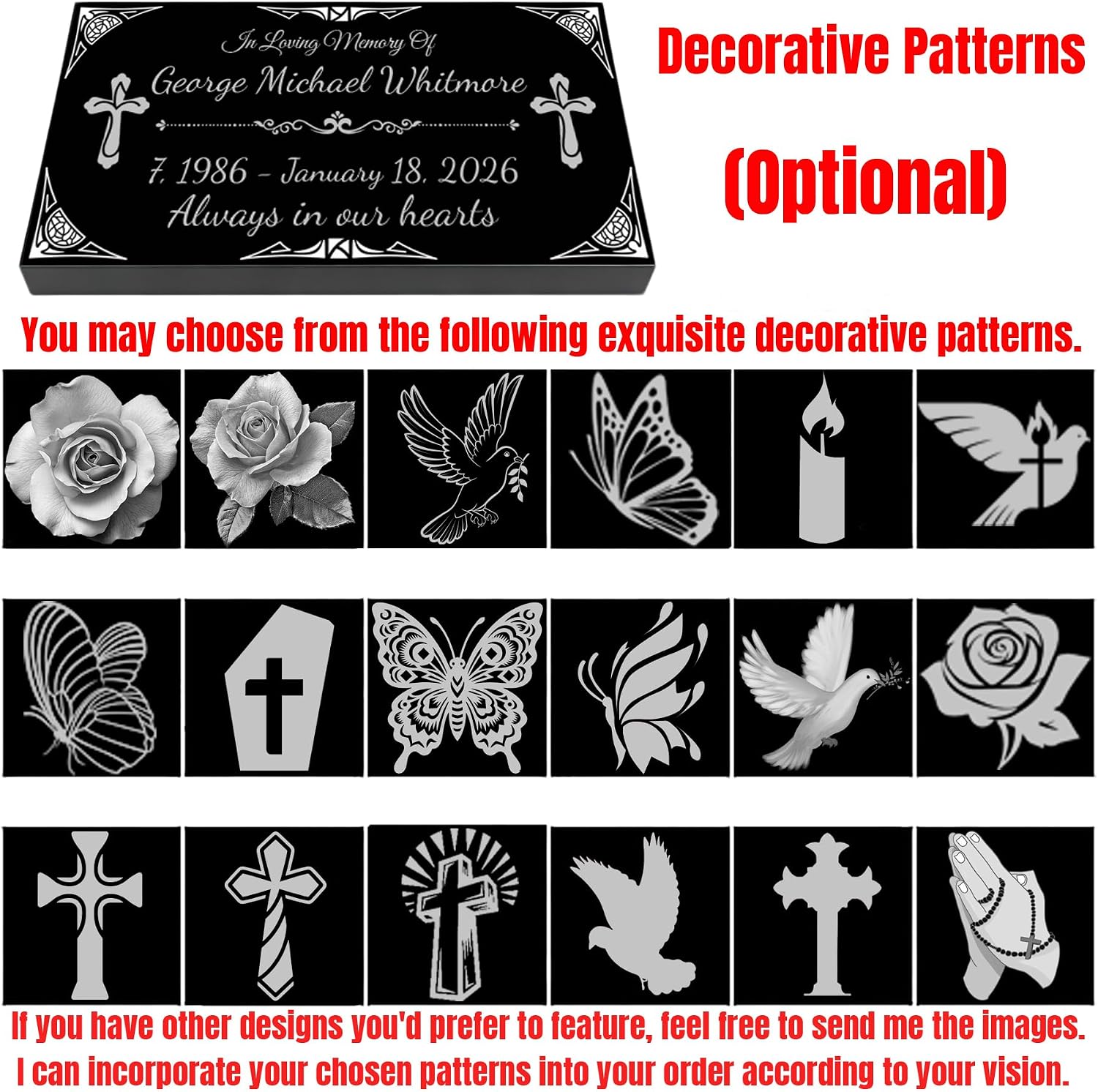 Personalized Human Memorial Stone, Black Granite Headstone with Photo, Engraved Grave Marker for Cemetery Outdoor