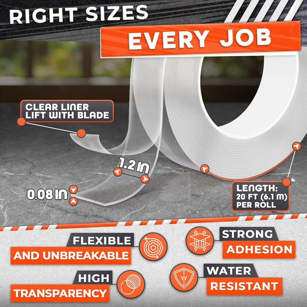 Clear Double Sided Tape Heavy Duty, 2X Thick 0.08 in, 1.2 in x 20 Ft