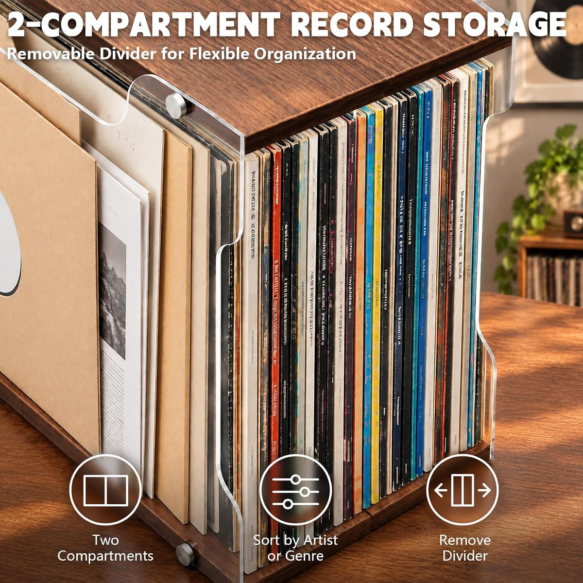 Vinyl Record Storage Box, Record Holder for 12-Inch LPs, Acrylic Sides