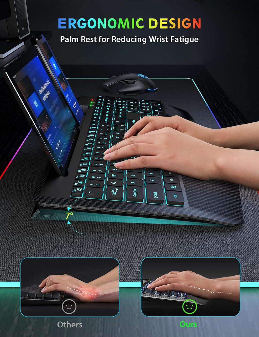 Wireless Keyboard and Mouse Combo, Backlit Scissor Keys, Wrist Rest | 7-Color Backlight, Phone Holder, Rechargeable
