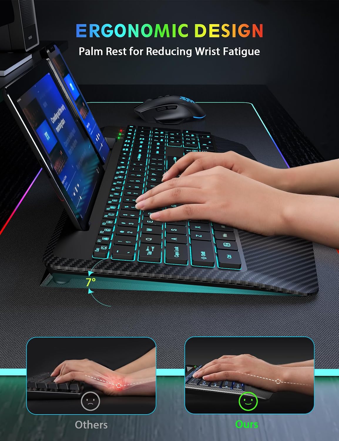 Wireless Keyboard and Mouse Combo, Backlit Scissor Keys, Wrist Rest | 7-Color Backlight, Phone Holder, Rechargeable