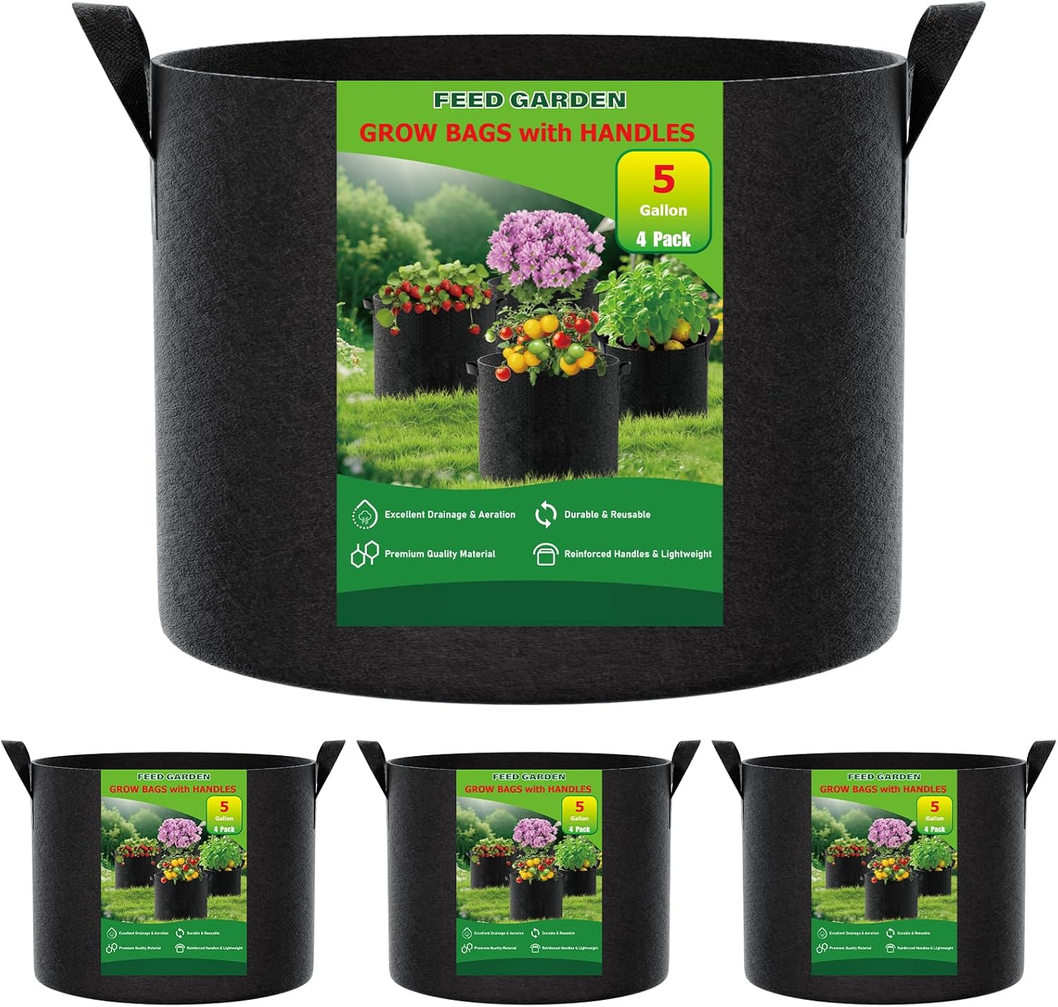 5 Gallon Grow Bags 4 Pack – 300G Non-Woven Thickened Fabric Plant Pots with Reinforced Handles, Breathable Drainage