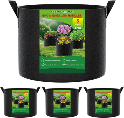 5 Gallon Grow Bags 4 Pack – 300G Non-Woven Thickened Fabric Plant Pots with Reinforced Handles, Breathable Drainage