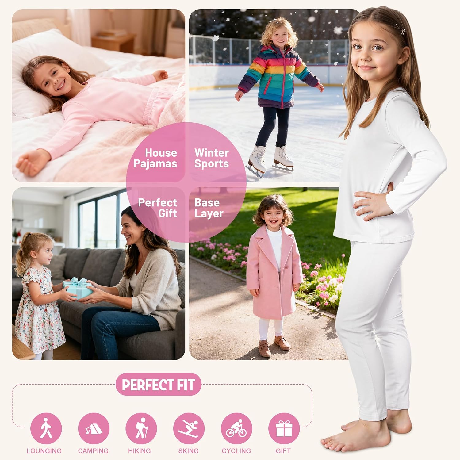 Girls Thermal Underwear Set Kids Thermals Top and Bottom Set Base Layer for Cold weather/skiing