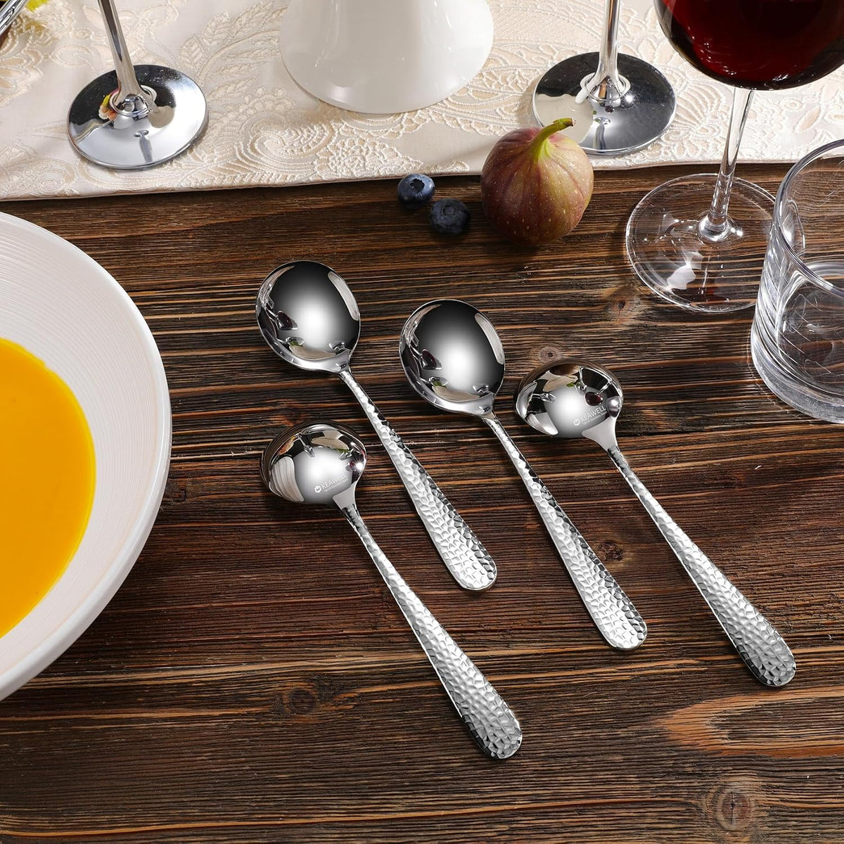 Premium Louise Hammered 4-Piece Soup Spoon Set (7" Soup Spoons)