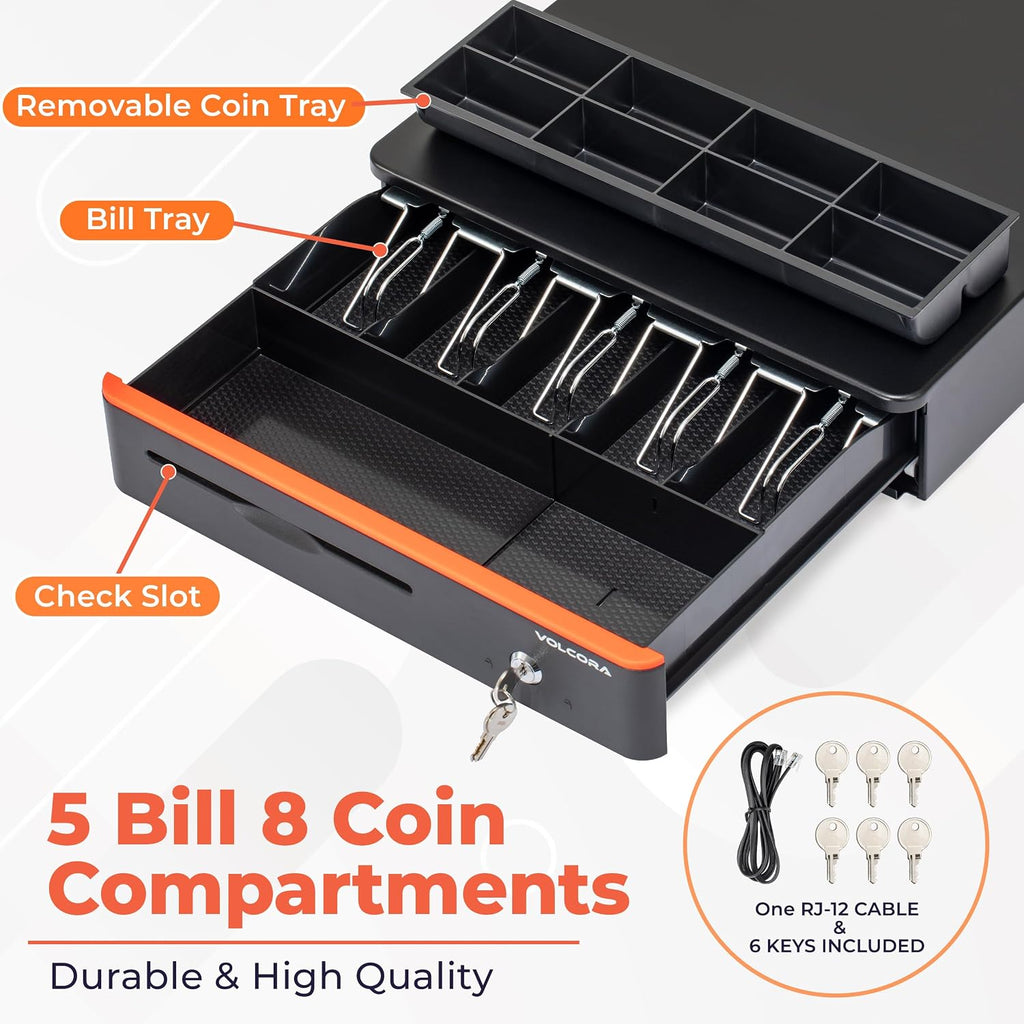 Cash Register Drawer for Point of Sale POS System with Round Corners 16", Removable Coin Tray, 5 Bill 8 Coin, 12-24V