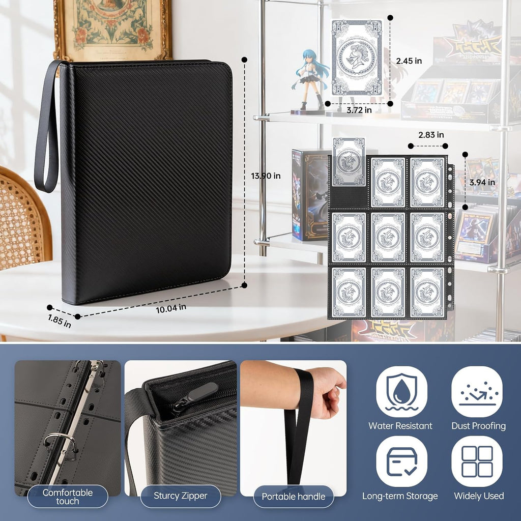 9 Pocket 720 Zip Trading Card Binder, Carbon Fiber Textured, Black | Double sided pocket, top loading, wear-resistant