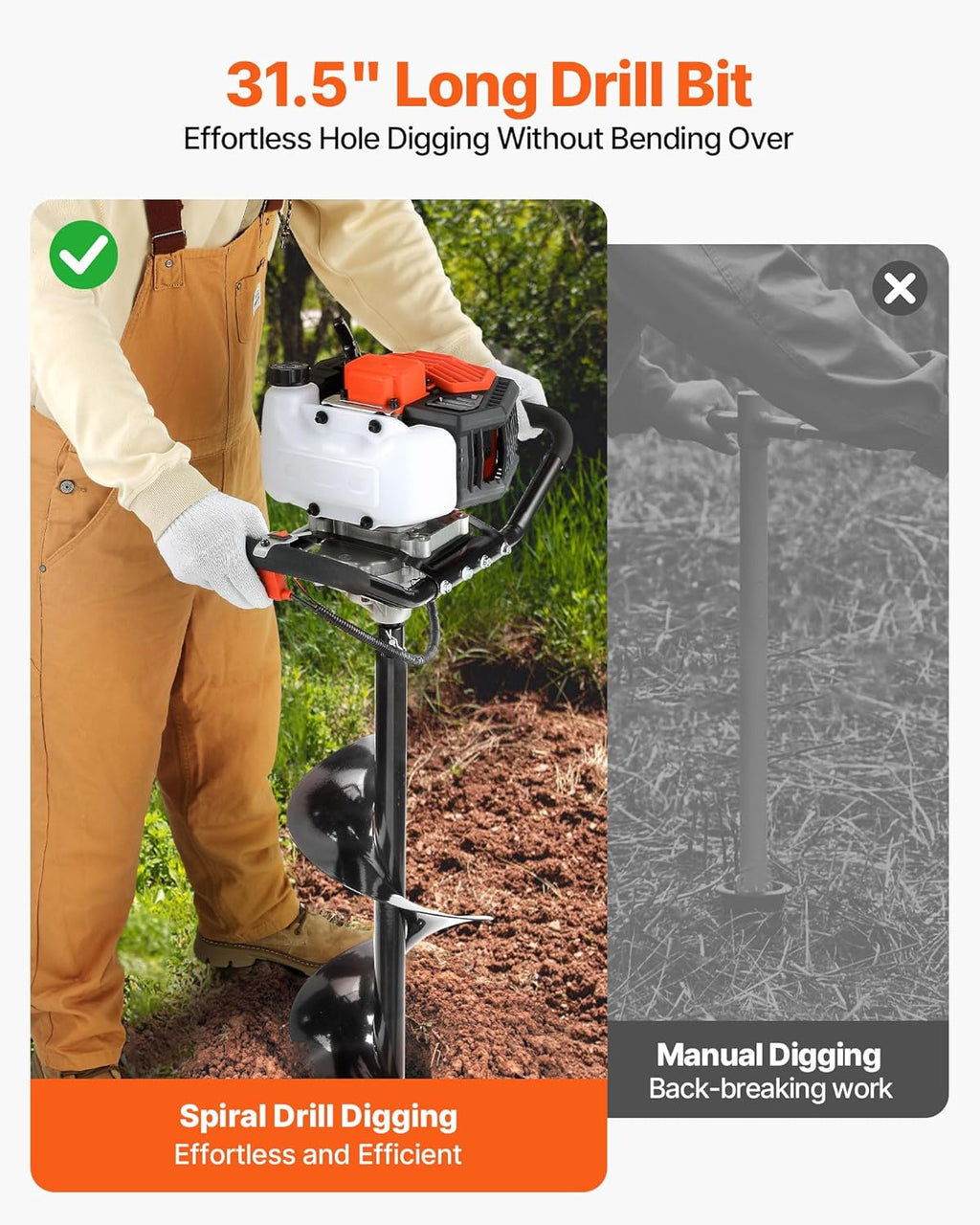 Gas Powered Post Hole Digger, 52cc Post Hole Auger with 6" & 10" Bits, 3 Extension Rods, 1450W Heavy-Duty Earth Auger