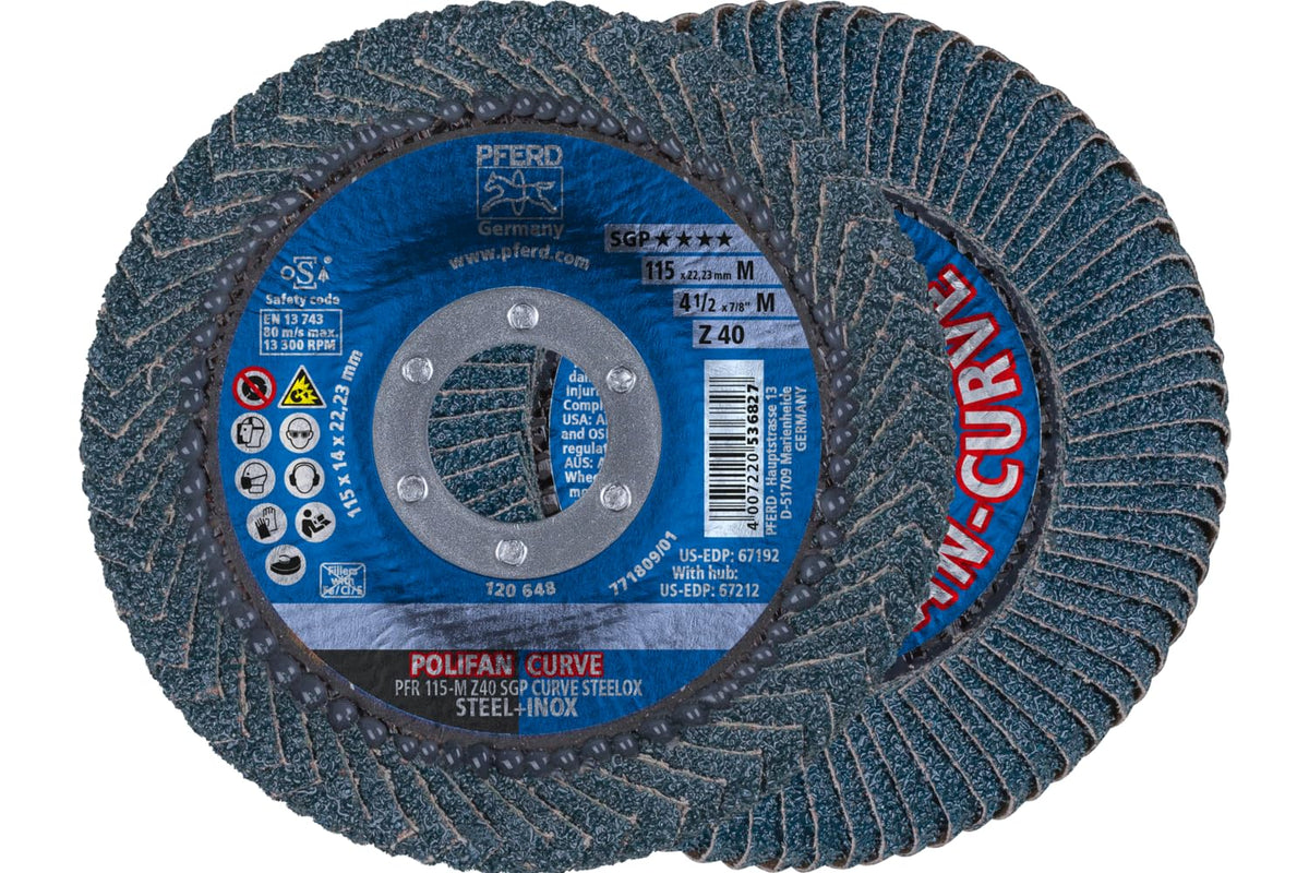 PFERD POLIFAN-Curve Radial Type Flap Disc - 4-1/2" x 7/8", 40 grit Zirconia, Welding Accessory and Angle Grinder Attachment - for Steel and Stainless Steel (INOX) Grinding - Pack of 1 - Part 67192