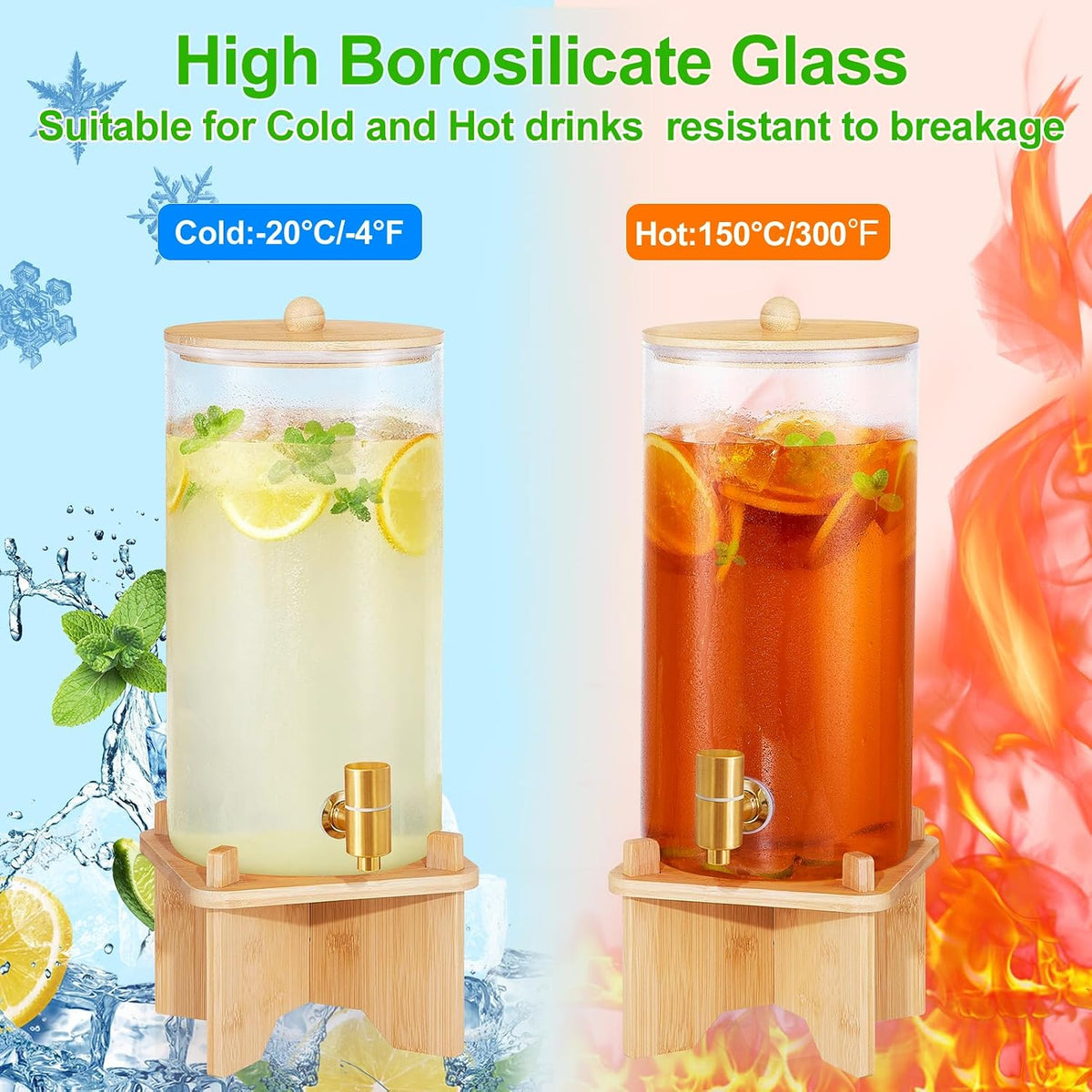 2pcs 1.5 Gallon Glass Drink Dispenser with Bamboo Stand