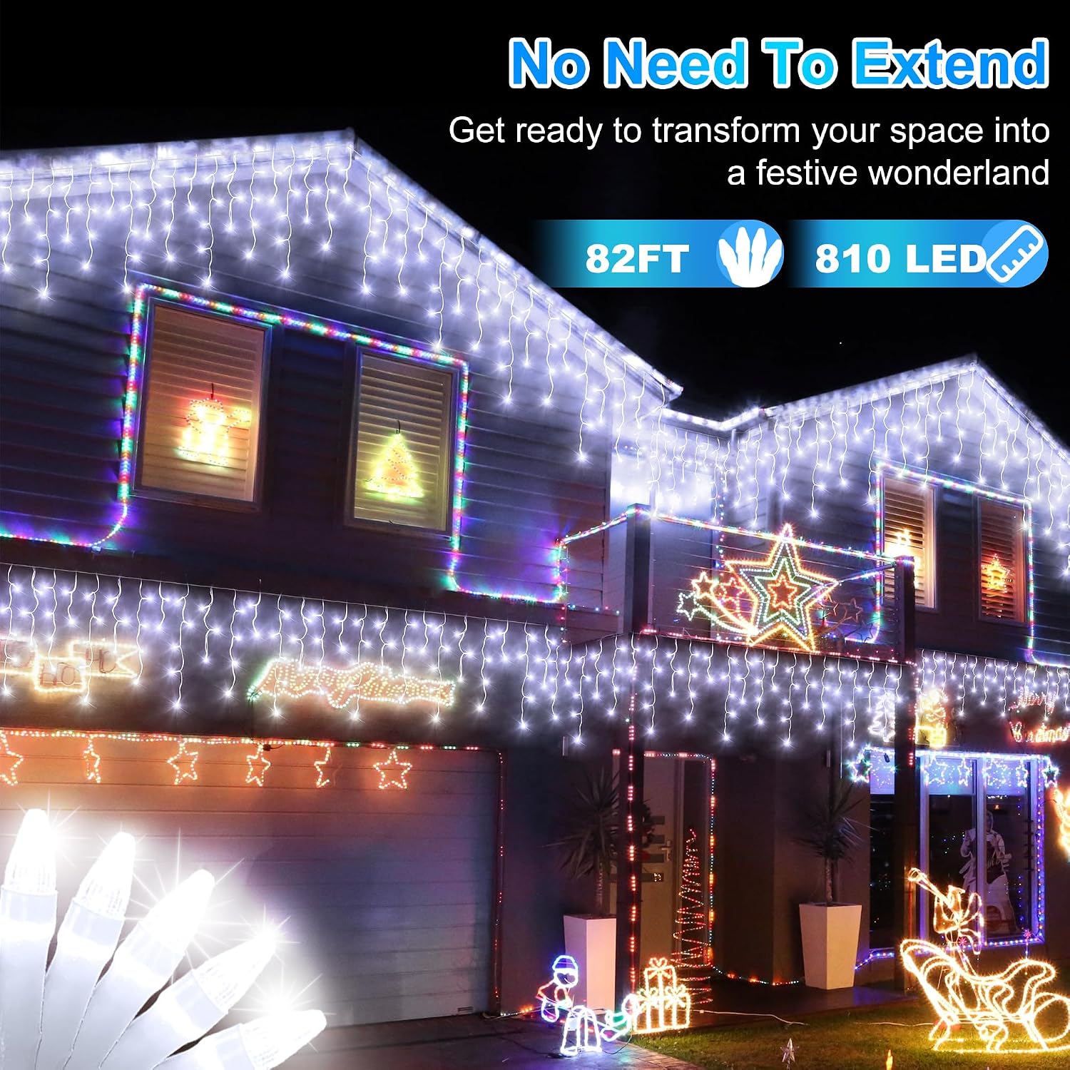 810 LED 82FT Christmas Icicle Lights, 180 Drops, 12 Modes, Cool White | Weather-resistant Twinkle String Lights with
